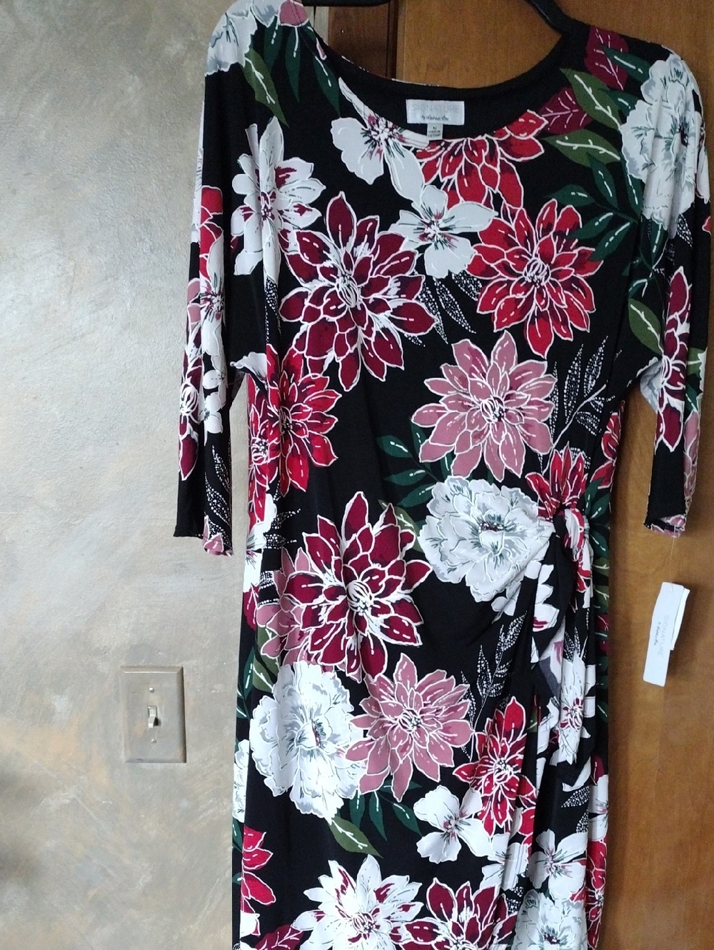 Robbie Bee Black Floral Wrap-Style Long Sleeve Dress with Red and White Blooms
